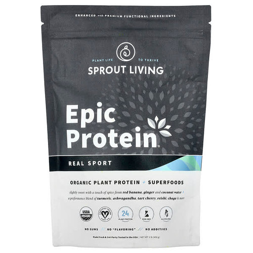 <img alt="Sprout Living, Epic Protein, Real Sport, Organic Plant Protein + Superfoods, 1 lb (456 g)" title="Sprout Living, Epic Protein, Real Sport, Organic Plant Protein + Superfoods, 1 lb (456 g),852457007749"