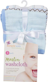 MiracleWare Blue Elephant Muslin Baby Washcloths -- 3 Pack