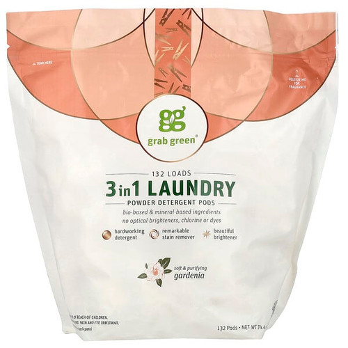 <img alt="Grab Green, 3 in 1 Laundry Powder Detergent Pods, Gardenia, 132 Loads, 74.4 oz (2.1 kg)" title="Grab Green, 3 in 1 Laundry Powder Detergent Pods, Gardenia, 132 Loads, 74.4 oz (2.1 kg),854822003158"
