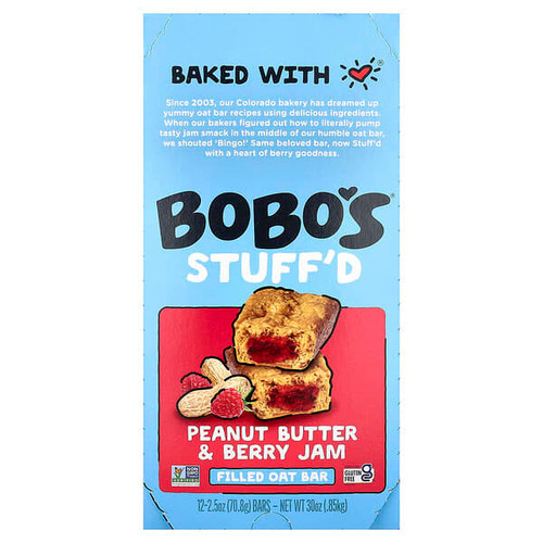 <img alt="Bobos Oat Bars, Stuffd Filled Oat Bar, Peanut Butter & Berry Jam, 12 Bars, 2.5 oz (70.8 g) Each" title="Bobos Oat Bars, Stuffd Filled Oat Bar, Peanut Butter & Berry Jam, 12 Bars, 2.5 oz (70.8 g) Each,829262000999"
