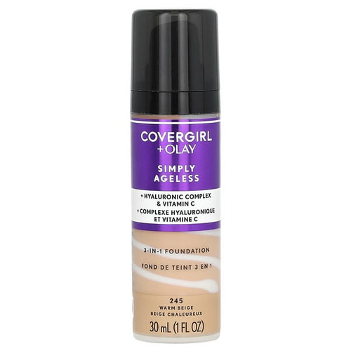 <img alt="Covergirl, Olay Simply Ageless, 3-in-1 Foundation, 245 Warm Beige, 1 fl oz (30 ml)" title="Covergirl, Olay Simply Ageless, 3-in-1 Foundation, 245 Warm Beige, 1 fl oz (30 ml),008100100422"