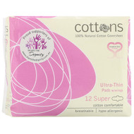 3 PACK of Cottons Comforts, 100% Natural Cotton Coversheet, Ultra-Thin Pads with Wings, Super, 12 Pads