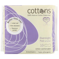 3 PACK of Cottons Comforts, 100% Natural Cotton Coversheet, Overnight Pads with Wings, Heavy, 10 Pads
