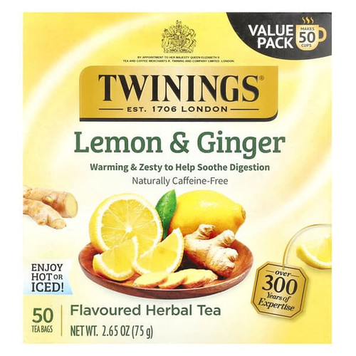 <img alt="Twinings, Flavored Herbal Tea, Lemon & Ginger, Caffeine Free, 50 Tea Bags, 2.65 oz (75 g)" title="Twinings, Flavored Herbal Tea, Lemon & Ginger, Caffeine Free, 50 Tea Bags, 2.65 oz (75 g),070177225056"