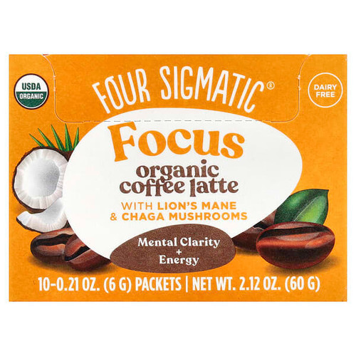 <img alt="Four Sigmatic, Focus, Organic Coffee Latte with Lions Mane & Chaga Mushrooms, 10 Packets, 0.21 oz (6 g) Each" title="Four Sigmatic, Focus, Organic Coffee Latte with Lions Mane & Chaga Mushrooms, 10 Packets, 0.21 oz (6 g) Each,816897021499"
