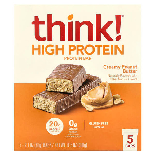 <img alt="Think , High Protein Bars, Creamy Peanut Butter, 5 Bars, 2.1 oz (60 g) Each" title="Think , High Protein Bars, Creamy Peanut Butter, 5 Bars, 2.1 oz (60 g) Each,753656709505"