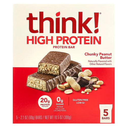 <img alt="Think , High Protein Bars, Chunky Peanut Butter, 5 Bars, 2.1 oz (60 g) Each" title="Think , High Protein Bars, Chunky Peanut Butter, 5 Bars, 2.1 oz (60 g) Each,753656709512"