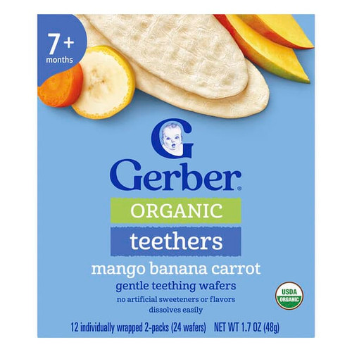 <img alt="Gerber, Organic Teethers, Gentle Teething Wafers, 7+ Months, Mango Banana Carrot, 12 Individually Wrapped 2-Packs, 0.14 oz (4 g) Each" title="Gerber, Organic Teethers, Gentle Teething Wafers, 7+ Months, Mango Banana Carrot, 12 Individually Wrapped 2-Packs, 0.14 oz (4 g) Each,015000049669"