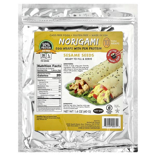 <img alt="Norigami, Egg Wraps with Pea Protein, Sesame Seeds, 10 Thin Wraps, 1.4 oz (40 g)" title="Norigami, Egg Wraps with Pea Protein, Sesame Seeds, 10 Thin Wraps, 1.4 oz (40 g),752489000759"