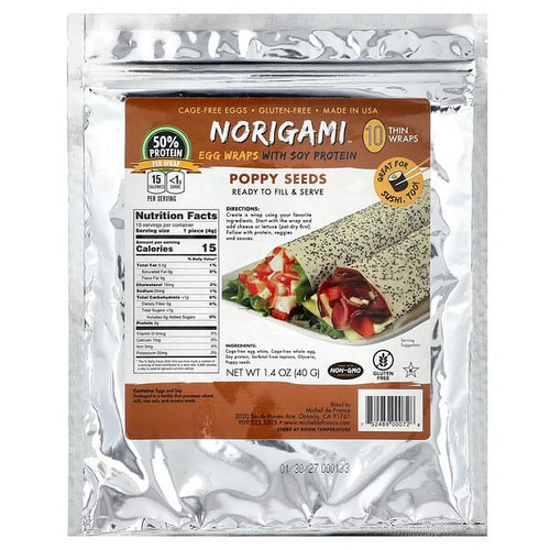<img alt="Norigami, Egg Wraps with Soy Protein, Poppy Seeds, 10 Thin Wraps, 1.4 oz (40 g)" title="Norigami, Egg Wraps with Soy Protein, Poppy Seeds, 10 Thin Wraps, 1.4 oz (40 g),752489000728"