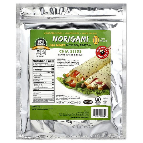 <img alt="Norigami, Egg Wraps with Pea Protein, Chia Seeds, 10 Thin Wraps, 1.4 oz (40 g)" title="Norigami, Egg Wraps with Pea Protein, Chia Seeds, 10 Thin Wraps, 1.4 oz (40 g),752489000742"