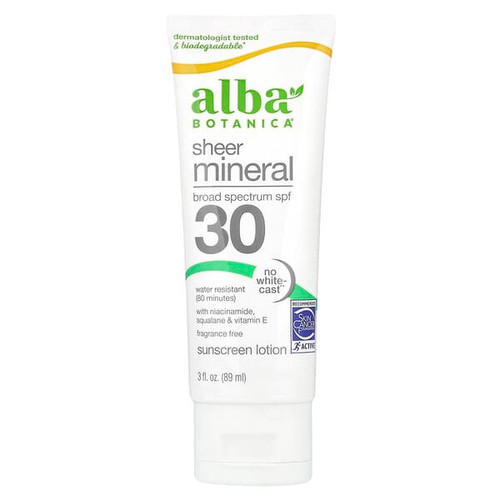 <img alt="Alba Botanica, Sheer Mineral Sunscreen Lotion, SPF 30, Fragrance Free, 3 fl oz (89 ml)" title="Alba Botanica, Sheer Mineral Sunscreen Lotion, SPF 30, Fragrance Free, 3 fl oz (89 ml),724742003890"