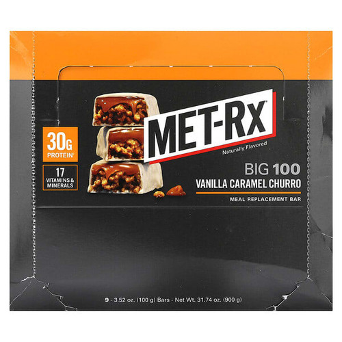 <img alt="MET-Rx, Big 100, Meal Replacement Bar, Vanilla Caramel Churro, 9 Bars, 3.52 oz (100 g) Each" title="MET-Rx, Big 100, Meal Replacement Bar, Vanilla Caramel Churro, 9 Bars, 3.52 oz (100 g) Each,786560000659"