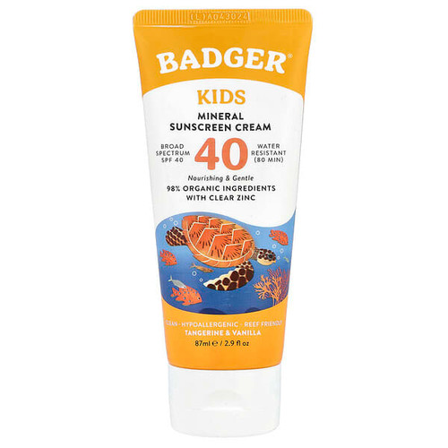 <img alt="Badger, Kids, Mineral Sunscreen Cream, SPF 40, Tangerine & Vanilla, 2.9 fl oz (87 ml)" title="Badger, Kids, Mineral Sunscreen Cream, SPF 40, Tangerine & Vanilla, 2.9 fl oz (87 ml),634084471175"