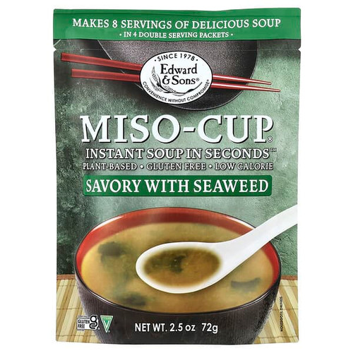<img alt="Edward & Sons, Instant Miso-Cup, Savory with Seaweed, 4 Envelops, 2.5 oz (72 g)" title="Edward & Sons, Instant Miso-Cup, Savory with Seaweed, 4 Envelops, 2.5 oz (72 g),011206000947"