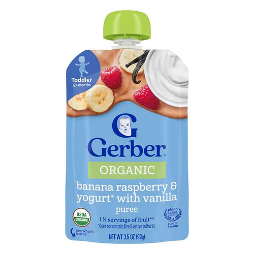 <img alt="3 PACK of Gerber, Organic Puree, 12+ Months, Banana Raspberry & Yogurt with Vanilla, 3.5 oz (99 g)" title="3 PACK of Gerber, Organic Puree, 12+ Months, Banana Raspberry & Yogurt with Vanilla, 3.5 oz (99 g),015000044701"