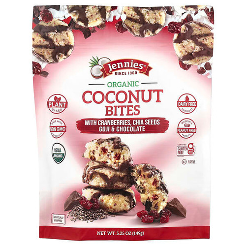 <img alt="Jennies Macaroons, Organic Coconut Bites, with Cranberries, Chia Seeds, Goji & Chocolate, 5.25 oz (149 g)" title="Jennies Macaroons, Organic Coconut Bites, with Cranberries, Chia Seeds, Goji & Chocolate, 5.25 oz (149 g),071879500052"