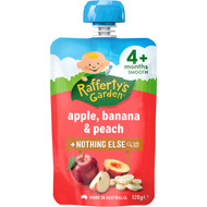 5 PACK of Rafferty's Garden Food 4 Months+ Apple, Banana & Peach 120g