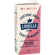 5 PACK of Liddells Skim Long Life Milk Lactose Free 1l