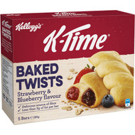 5 PACK of Kellogg's K-time Baked Twists Strawberry & Blueberry Flavour Snack Bars 185g