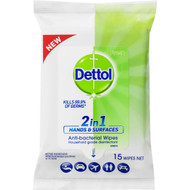 5 PACK of Dettol 2 In 1 Hands And Surfaces Antibacterial Wipes 15 pack