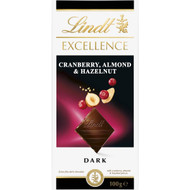 5 PACK of Lindt Excellence Dark Chocolate Cranberry Almond & Hazelnut 100g