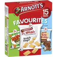 5 PACK of Arnott's Favourites Bbq Shapes Scotch Finger & Tiny Teddy Choc 15 pack