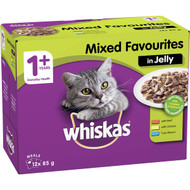 3 PACK OF Whiskas 1+ Years Mixed Favourites In Jelly Wet Cat Food Pouch 85g x12 pack
