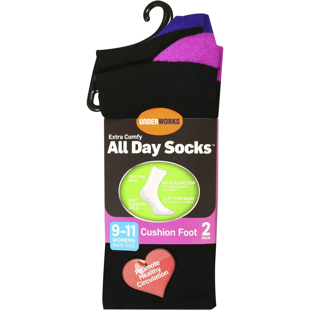 Underworks Womens All Day Cushion Foot Socks Black Size 911 2 pack