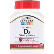 <img alt="21st Century, Vitamin D3, Chewable, Orange Flavored, 400 IU, 110 Tablets" title="21st Century, Vitamin D3, Chewable, Orange Flavored, 400 IU, 110 Tablets,740985273807"