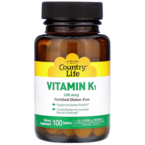 <img alt="Country Life, Vitamin K1, 100 mcg, 100 Tablets" title="Country Life, Vitamin K1, 100 mcg, 100 Tablets,015794080114"