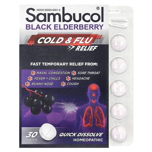 <img alt="Sambucol, Black Elderberry, Cold & Flu Relief, 30 Tablets" title="Sambucol, Black Elderberry, Cold & Flu Relief, 30 Tablets,896116001501"