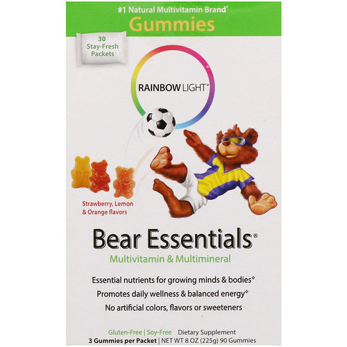 <img alt="Rainbow Light, Bear Essentials, Multivitamin & Multimineral, Gummies, Strawberry, Lemon & Orange Flavors, 30 Packets, 3 Gummies Each" title="Rainbow Light, Bear Essentials, Multivitamin & Multimineral, Gummies, Strawberry, Lemon & Orange Flavors, 30 Packets, 3 Gummies Each,021888120024"