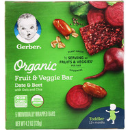 3 PACK of Gerber, Organic Fruit & Veggie Bar, 12+ months, Date & Beet, 5 Individually Wrapped Bars, 4.2 oz (120 g)