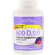 3 PACK of 21st Century, 600+D3 Plus Minerals, Fruit Punch, 75 Chewables