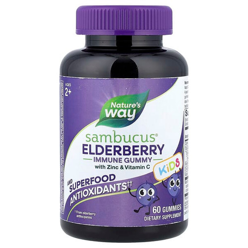 <img alt="Natures Way, Sambucus Kids, Immune Gummy with Zinc & Vitamin C, Ages 2+, Elderberry, 60 Gummies" title="Natures Way, Sambucus Kids, Immune Gummy with Zinc & Vitamin C, Ages 2+, Elderberry, 60 Gummies,033674122853"