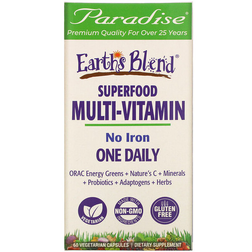<img alt="Paradise Herbs, ORAC-Energy, Earths Blend, One Daily Superfood Multivitamin, No Iron, 60 Veggie Caps" title="Paradise Herbs, ORAC-Energy, Earths Blend, One Daily Superfood Multivitamin, No Iron, 60 Veggie Caps,601944778279"