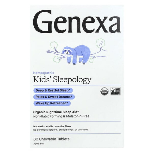 <img alt="Genexa, Kids Sleepology, Organic Nighttime Sleep Aid, Ages 3-11, Vanilla Lavender, 60 Chewable Tablets" title="Genexa, Kids Sleepology, Organic Nighttime Sleep Aid, Ages 3-11, Vanilla Lavender, 60 Chewable Tablets,857630006199"