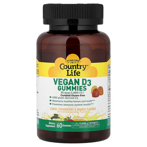 <img alt="Country Life, Vegan D3 Gummies, Lemon, Strawberry & Orange, 25 mcg (1,000 IU), 60 Gummies" title="Country Life, Vegan D3 Gummies, Lemon, Strawberry & Orange, 25 mcg (1,000 IU), 60 Gummies,015794058229"