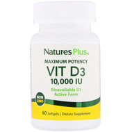 <img alt="Natures Plus, Maximum Potency, Vit D3, 10,000 IU, 60 Softgels" title="Natures Plus, Maximum Potency, Vit D3, 10,000 IU, 60 Softgels,097467010482"