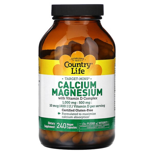 <img alt="Country Life, Target-Mins, Calcium Magnesium with Vitamin D Complex, 240 Vegan Capsules" title="Country Life, Target-Mins, Calcium Magnesium with Vitamin D Complex, 240 Vegan Capsules,015794024880"