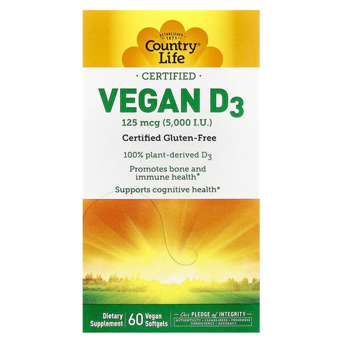 <img alt="Country Life, Certified Vegan D3, 125 mcg (5,000 IU), 60 Vegan Softgels" title="Country Life, Certified Vegan D3, 125 mcg (5,000 IU), 60 Vegan Softgels,015794058212"