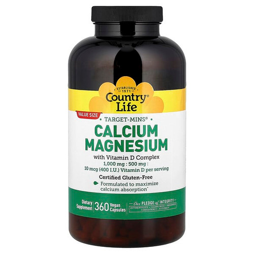 <img alt="Country Life, Target-Mins, Calcium Magnesium with Vitamin D Complex, 360 Vegan Capsules" title="Country Life, Target-Mins, Calcium Magnesium with Vitamin D Complex, 360 Vegan Capsules,015794024798"