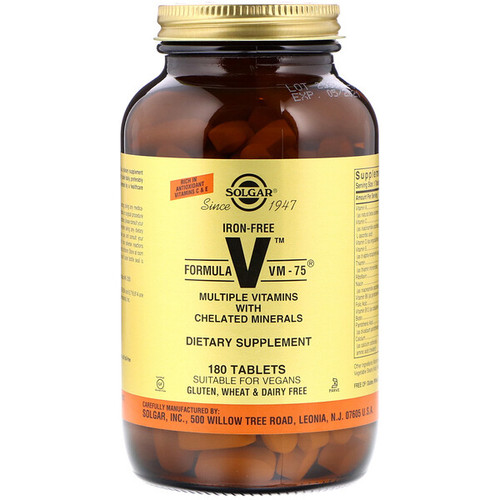 <img alt="Solgar, Formula V, VM-75, Multiple Vitamins with Chelated Minerals, Iron Free, 180 Tablets" title="Solgar, Formula V, VM-75, Multiple Vitamins with Chelated Minerals, Iron Free, 180 Tablets,033984011533"