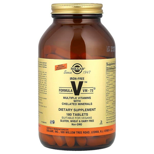 <img alt="Solgar, Formula V VM-75, Multiple Vitamins with Chelated Minerals, Iron-Free, 180 Tablets" title="Solgar, Formula V VM-75, Multiple Vitamins with Chelated Minerals, Iron-Free, 180 Tablets,033984011533"