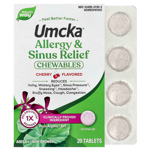 <img alt="Natures Way, Umcka, Allergy + Sinus Relief Chewables, Ages 6+, Cherry, 20 Tablets" title="Natures Way, Umcka, Allergy + Sinus Relief Chewables, Ages 6+, Cherry, 20 Tablets,033674121948"