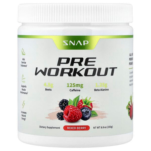 <img alt="Snap Supplements, Pre Workout, Mixed Berry, 8.8 oz (250 g)" title="Snap Supplements, Pre Workout, Mixed Berry, 8.8 oz (250 g),850039253331"