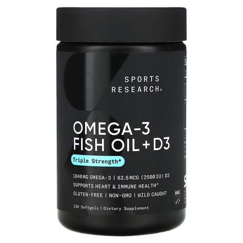 <img alt="Sports Research, Omega-3 Fish Oil + D3, Triple Strength , 1,040 mg & 62.5 mcg (2,500 IU), 120 Softgels" title="Sports Research, Omega-3 Fish Oil + D3, Triple Strength , 1,040 mg & 62.5 mcg (2,500 IU), 120 Softgels,023249091691"