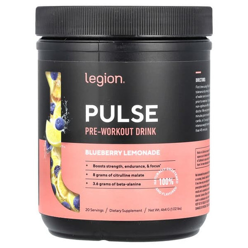 <img alt="Legion Athletics, Pulse, Pre-Workout Drink, Blueberry Lemonade , 1.02 lbs (464 g)" title="Legion Athletics, Pulse, Pre-Workout Drink, Blueberry Lemonade , 1.02 lbs (464 g),653341672117"