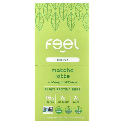 <img alt="The Feel Bar, Energy, Plant Protein Bars, Matcha Latte + Caffeine, 10 Bars, 2 oz (57 g) Each" title="The Feel Bar, Energy, Plant Protein Bars, Matcha Latte + Caffeine, 10 Bars, 2 oz (57 g) Each,860006919764"